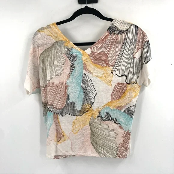 CHICO'S 100% Linen Top Double V Short Sleeve Leaf Floral Abstract 0 S Blouse - Picture 6 of 7